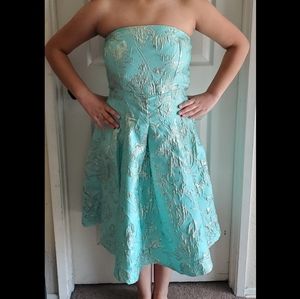 Eva Mendez vintage style turquoise with silver pattern strapless dress NY&Co